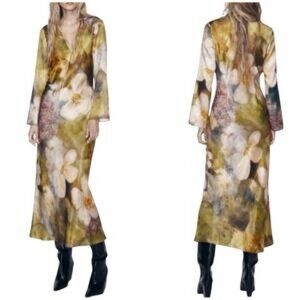 Zara Long-Sleeve V-Neck Long Dress in Olive Floral SZ XS